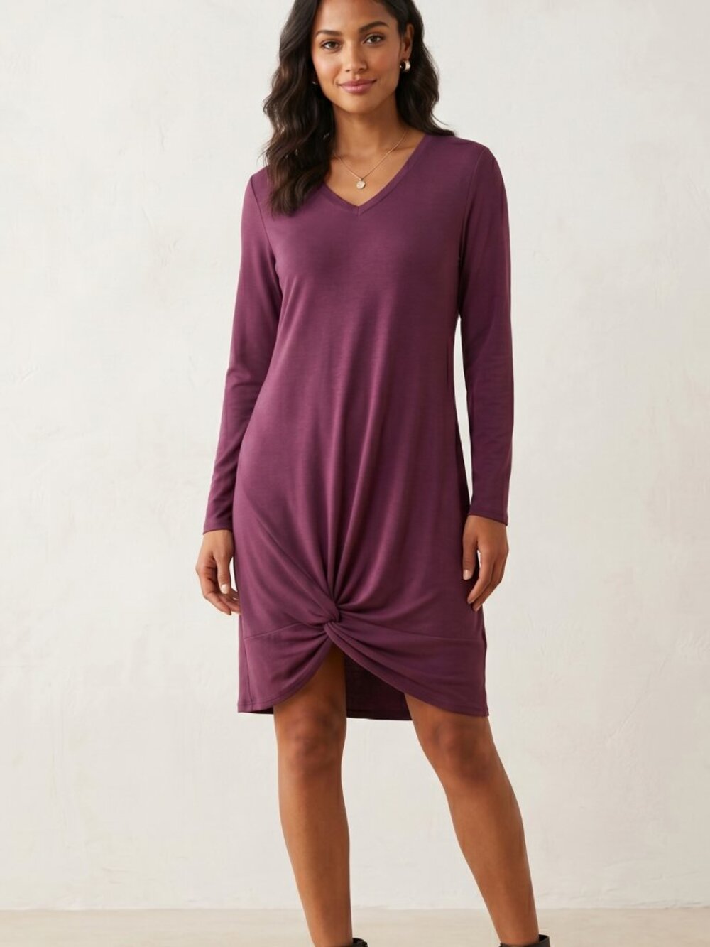 NWT | Burgundy Long Sleeve V-Neck T-Shirt Dress Tunic Tie Knot Hem | Large